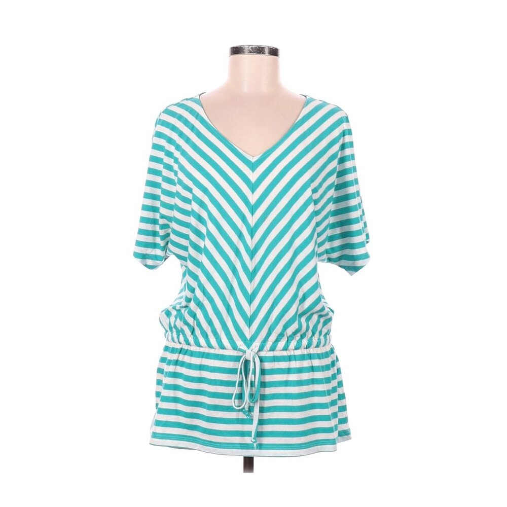 Faded Glory Womens Striped V-Neck Tunic Top With Drawstring Waist M 8-10 White &